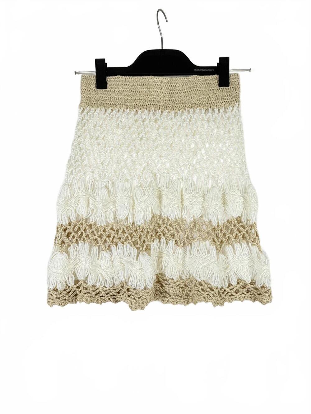 SURF GYPSY Crochet Fringe Mini Skirt‎ Swim Cover Up White Tan Knit Small